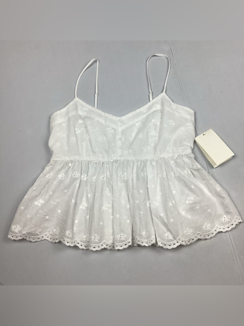 White Cotton Eyelet Peplum Ruffle Babydoll Cami Top by PEACH Size Medium NEW!